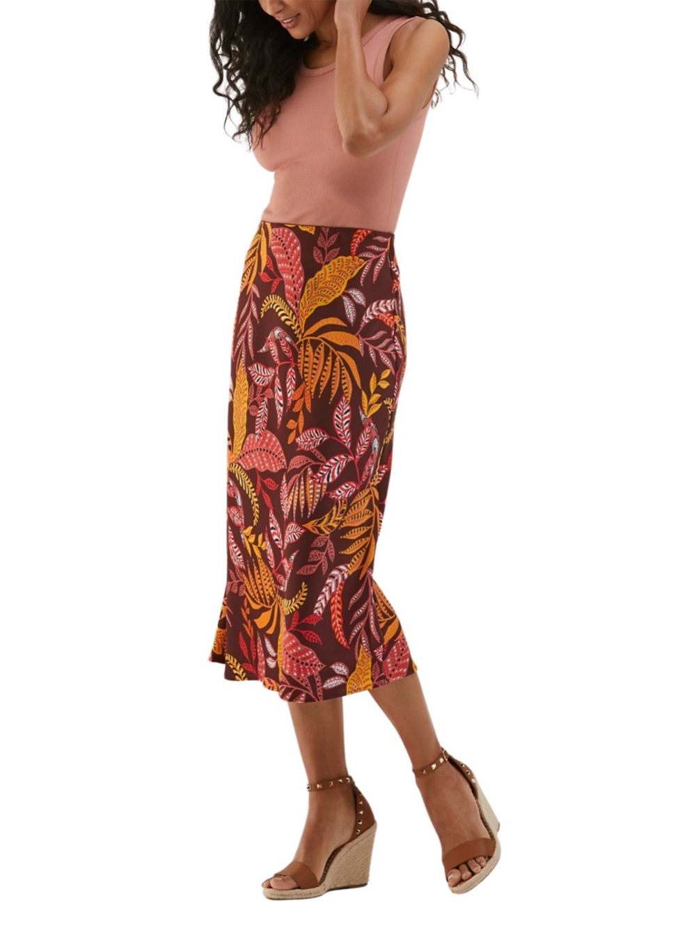 ELLA RAFAELLA Women’s Leaf Print Shine Midi Bias Skirt.